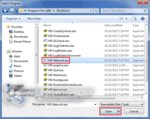 select hd-network.exe bluestacks installation folder